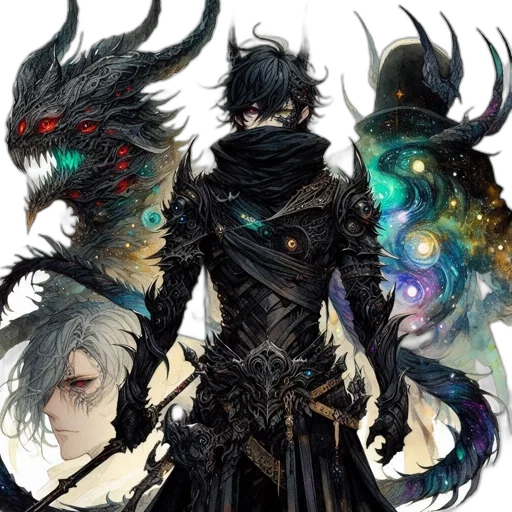 dragon, mask, staff, fantasy art, concept art, comic book art, pixel art, dark transparent PNG cut-out