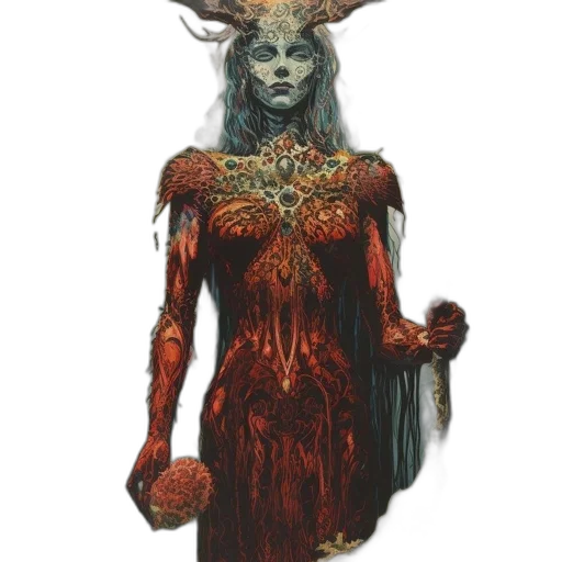mask, creature, dress, staff, concept art, fantasy art, comic book art, pixel art transparent PNG cut-out