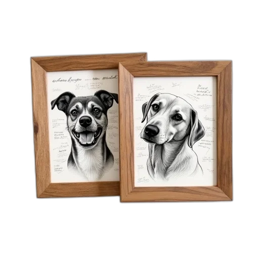 photorealistic, pencil sketch, two, identical, framed, pictures, dog, face transparent PNG cut-out