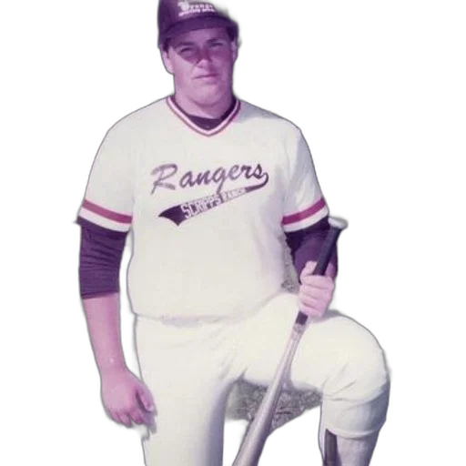 staff, animal, man, rangers, baseball, uniform, poses, bat transparent PNG cut-out