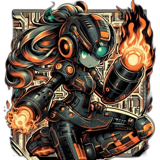 robot, pixel art, concept art, comic book art, cyberpunk, fire, animated, futuristic transparent PNG cut-out