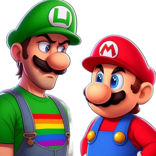 hat, pixel art, 3d render, concept art, photorealistic, luigi, mario, two transparent PNG cut-out