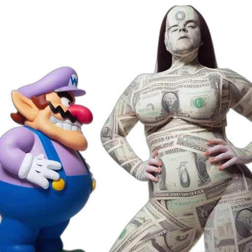 concept art, 3d render, two, characters, one, resembles, waluigi, donning transparent PNG cut-out