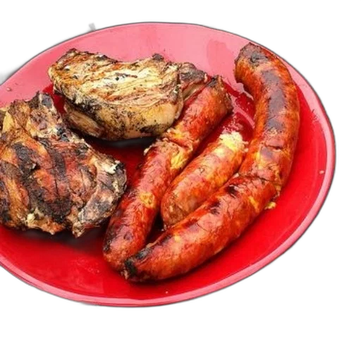 food, red, plate, grilled, pork, chops, sausages, barbecue transparent PNG cut-out