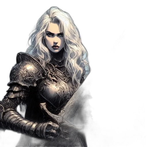 sword, fantasy art, concept art, comic book art, photorealistic, intense, armored, woman transparent PNG cut-out
