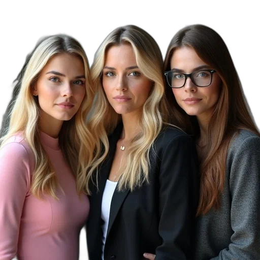 staff, face, jewelry, jacket, group, three, women, standing transparent PNG cut-out
