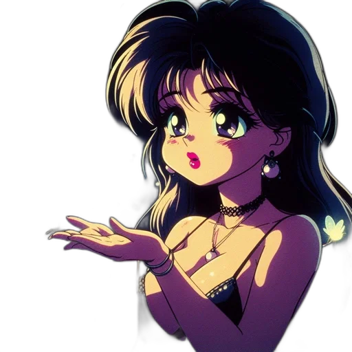 jewelry, cartoon, anime, vaporwave, pixel art, neon lights, young, woman transparent PNG cut-out