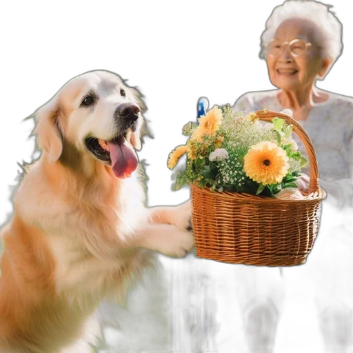 animal, creature, photorealistic, 3d render, oil painting, elderly, lady, smiles transparent PNG cut-out