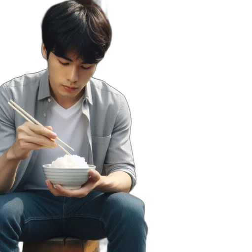 food, photorealistic, young, man, eats, rice, outdoors, traditional transparent PNG cut-out