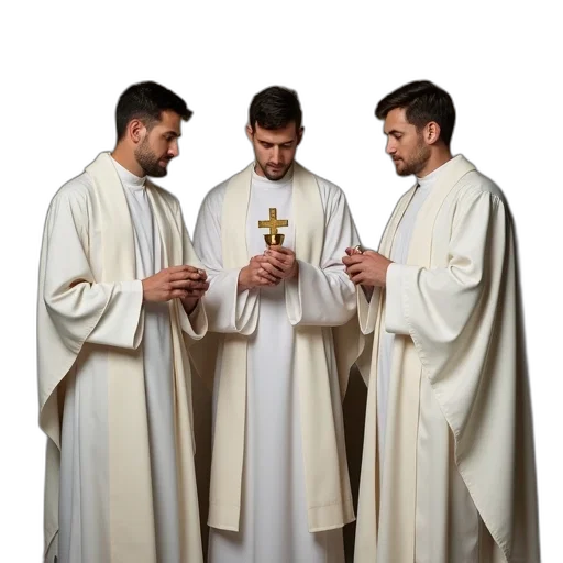 staff, three, priests, white, robes, one, holding, baptism transparent PNG cut-out