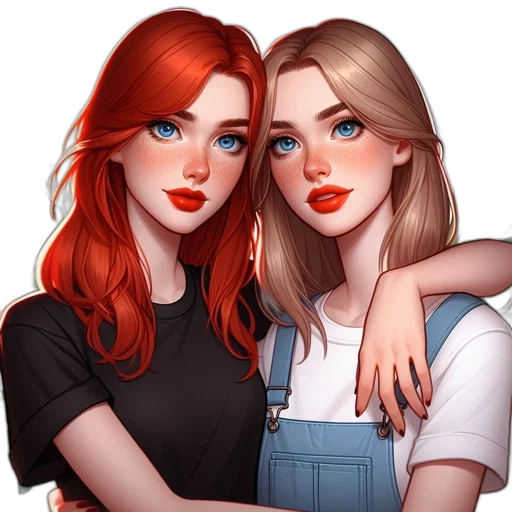 cartoon, photorealistic, fantasy art, concept art, red, two, female, characters transparent PNG cut-out