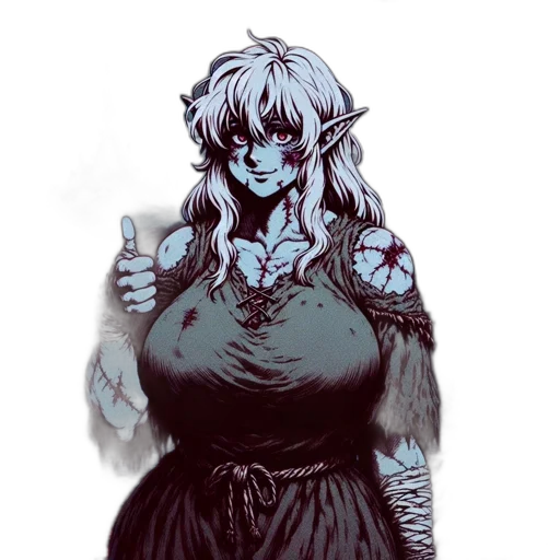 dress, staff, concept art, fantasy art, comic book art, pixel art, monochrome, dark transparent PNG cut-out