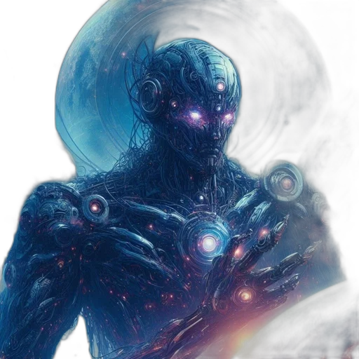 robot, creature, staff, face, concept art, fantasy art, comic book art, cyberpunk transparent PNG cut-out