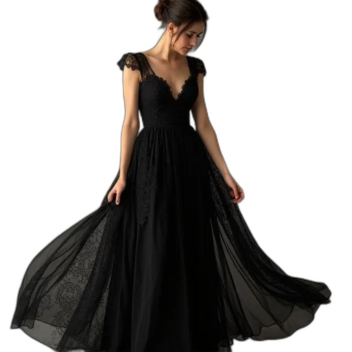 dress, dark, monochrome, black, lace, maxi transparent PNG cut-out