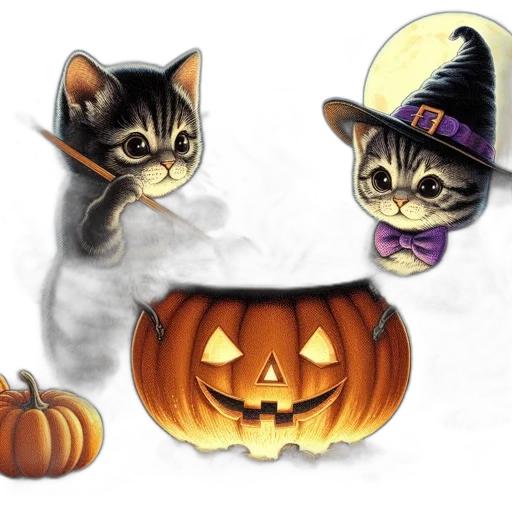 concept art, two, kittens, one, wearing, witch, hat, while transparent PNG cut-out