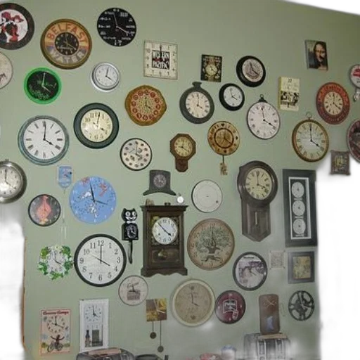 jewelry, furniture, wall, adorned, eclectic, collection, clocks, showcasing transparent PNG cut-out