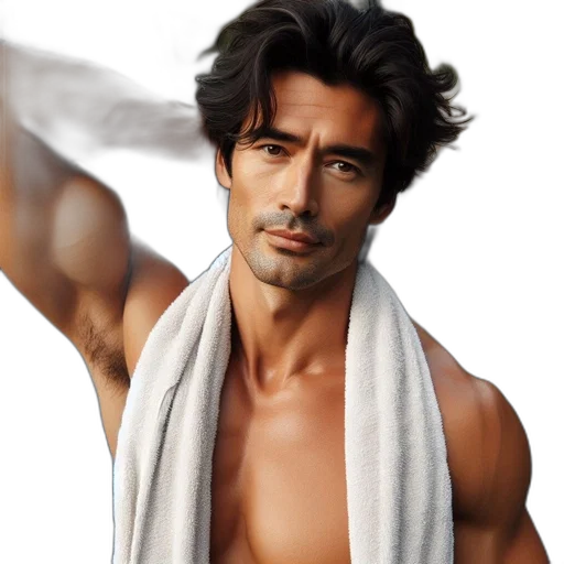 photorealistic, oil painting, man, dark, wavy, hair, poses, shirtless transparent PNG cut-out