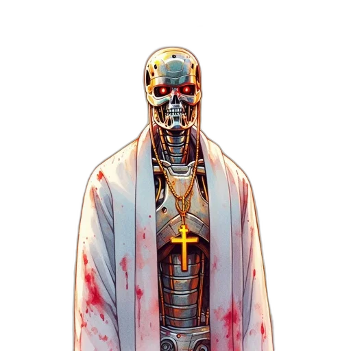 robot, staff, jacket, weapon, concept art, cyberpunk, comic book art, pixel art transparent PNG cut-out