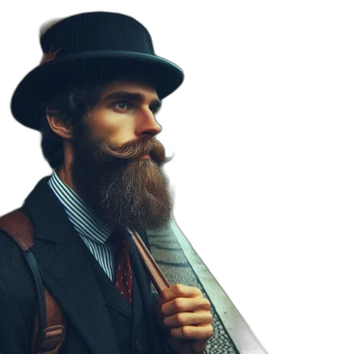 hat, face, staff, photorealistic, 3d render, concept art, fantasy art, man transparent PNG cut-out