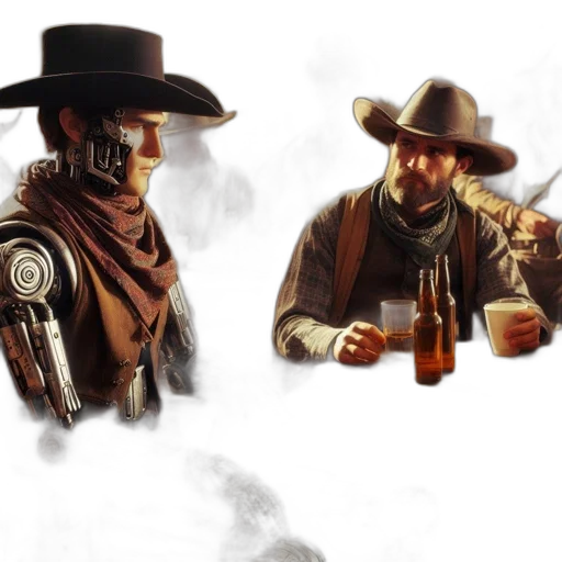 concept art, 3d render, fantasy art, photorealistic, humanoid, robot, dressed, cowboy transparent PNG cut-out