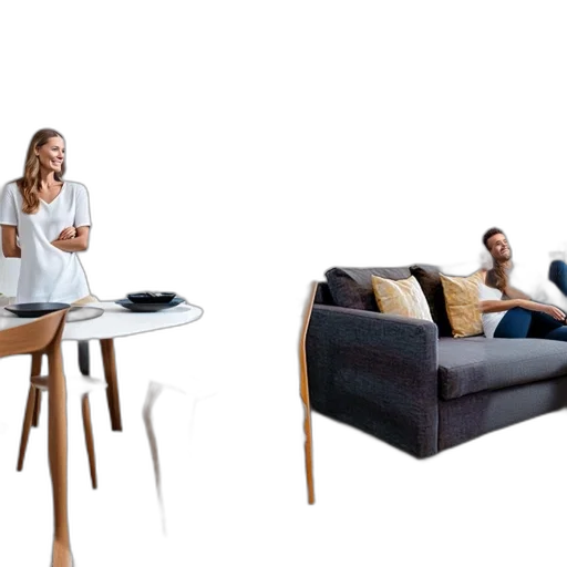 furniture, 3d render, concept art, earth tones, couple, sits, sofa, light-filled transparent PNG cut-out