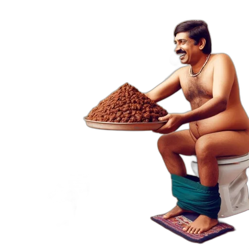 food, photorealistic, man, sits, toilet, amidst, buckets, presumably transparent PNG cut-out