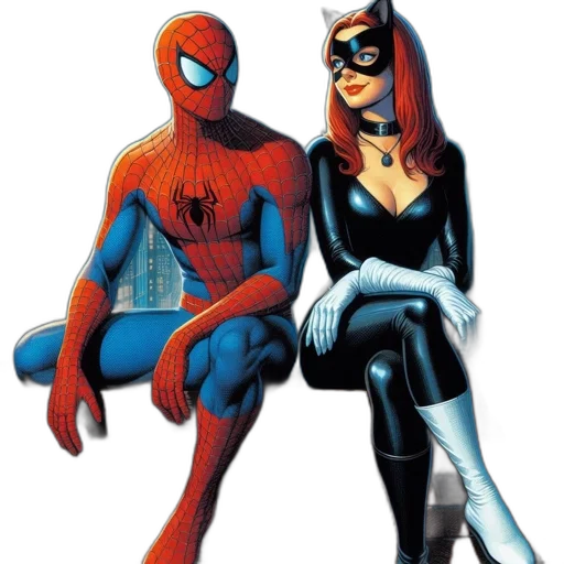 comic book art, concept art, spider-man, catwoman, sit, together, rooftop, overlooking transparent PNG cut-out