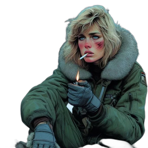 jacket, face, weapon, concept art, comic book art, photorealistic, cyberpunk, fire transparent PNG cut-out