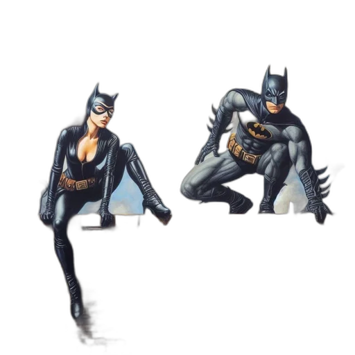 concept art, comic book art, pixel art, 3d render, monochrome, batman, catwoman, pose transparent PNG cut-out