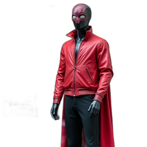 jacket, mask, concept art, comic book art, 3d render, red, mannequin, dressed transparent PNG cut-out