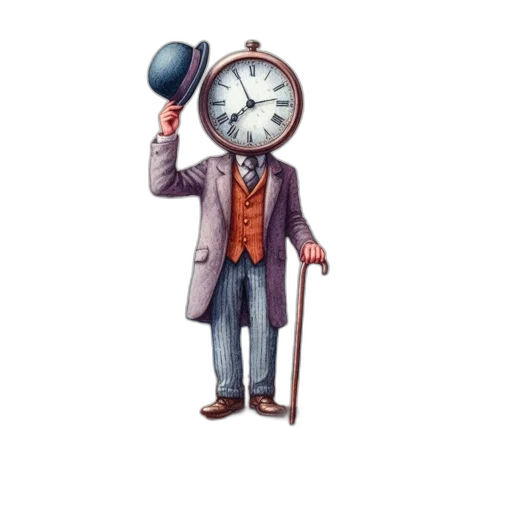 staff, concept art, pixel art, cartoon, fantasy art, man, clock-head, stands transparent PNG cut-out