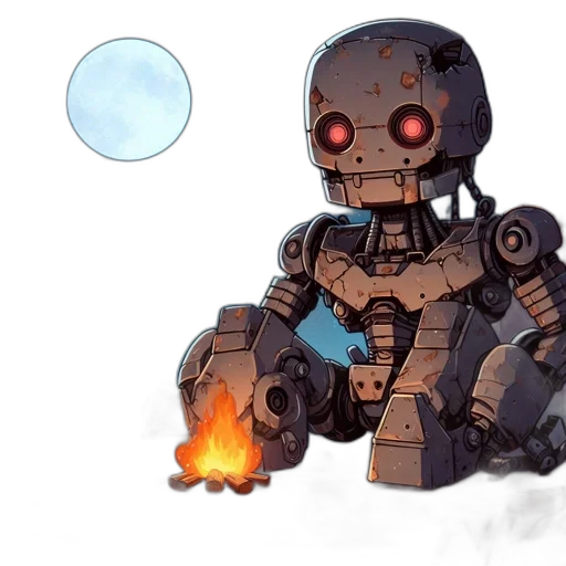 robot, concept art, comic book art, pixel art, 3d render, fire, nightfall, rusted transparent PNG cut-out