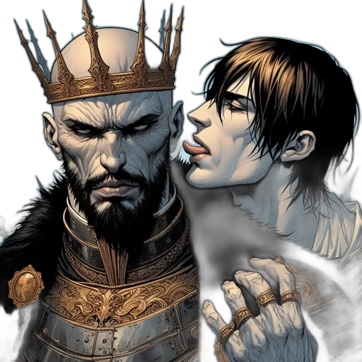 crown, comic book art, concept art, fantasy art, photorealistic, two, characters, older transparent PNG cut-out