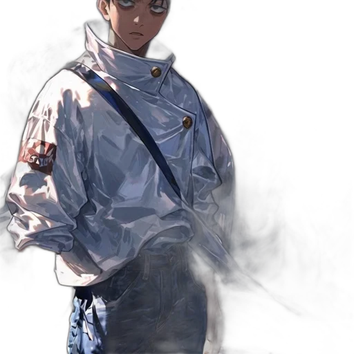 jacket, staff, robot, face, concept art, photorealistic, cyberpunk, fantasy art transparent PNG cut-out