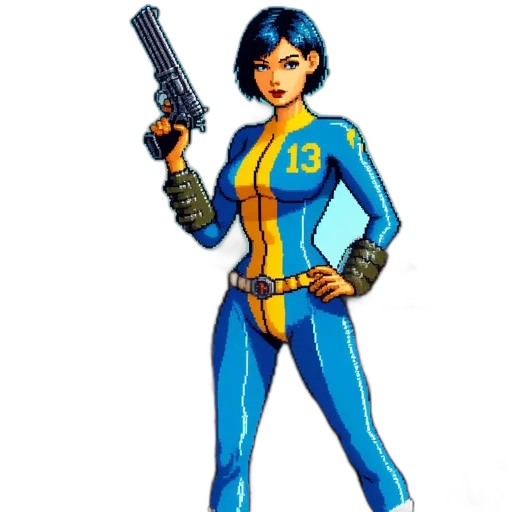 weapon, staff, jacket, comic book art, concept art, pixel art, cartoon, blue transparent PNG cut-out