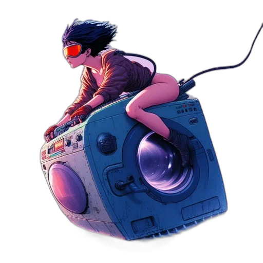 robot, jacket, cyberpunk, vaporwave, concept art, comic book art, blue, woman transparent PNG cut-out