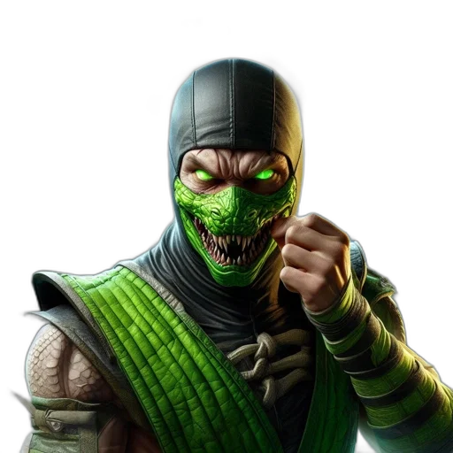 mask, concept art, comic book art, fantasy art, photorealistic, green, intimidating, figure transparent PNG cut-out