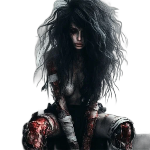 hair, weapon, fantasy art, comic book art, concept art, photorealistic, dark, red transparent PNG cut-out