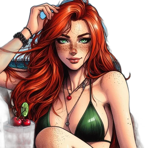 comic book art, fantasy art, cartoon, concept art, green, red, attractive, woman transparent PNG cut-out