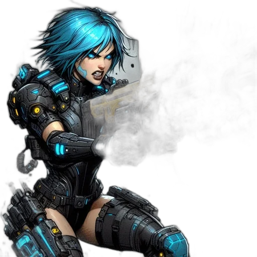 robot, weapon, cyberpunk, concept art, fantasy art, comic book art, blue, female transparent PNG cut-out