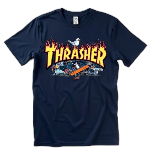 navy, blue, t-shirt, graphic, print, word, thrasher, stylized transparent PNG cut-out