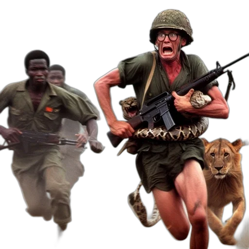 animal, concept art, comic book art, war-stricken, location, soldier, flees, pursuing transparent PNG cut-out