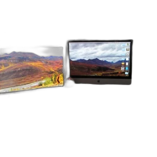 photorealistic, workspace, two, monitors, displaying, mountainous, landscapes, laptop transparent PNG cut-out
