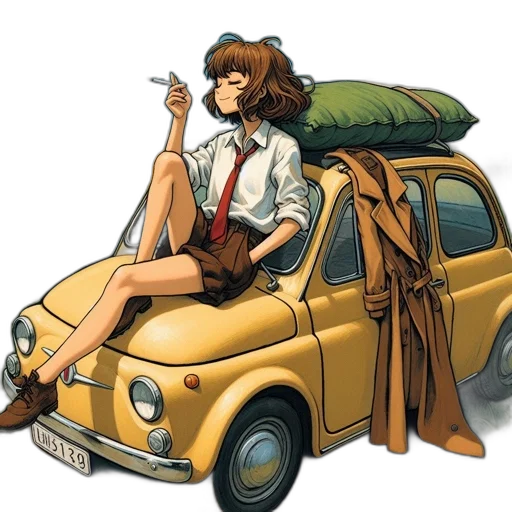 car, jacket, umbrella, concept art, comic book art, anime, cartoon, earth tones transparent PNG cut-out