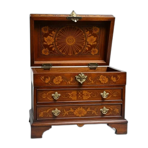 furniture, jewelry, wooden, chest, intricate, floral, patterns, lid transparent PNG cut-out