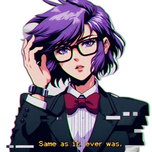 jacket, face, staff, vaporwave, pixel art, anime, cyberpunk, neon lights transparent PNG cut-out