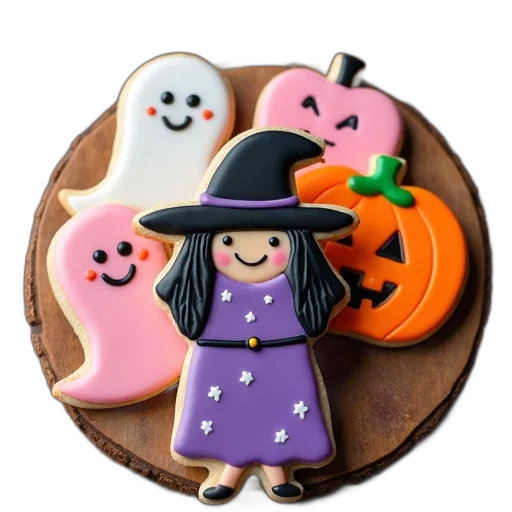cartoon, 3d render, collection, halloween-themed, cookies, displayed, wooden, surface transparent PNG cut-out