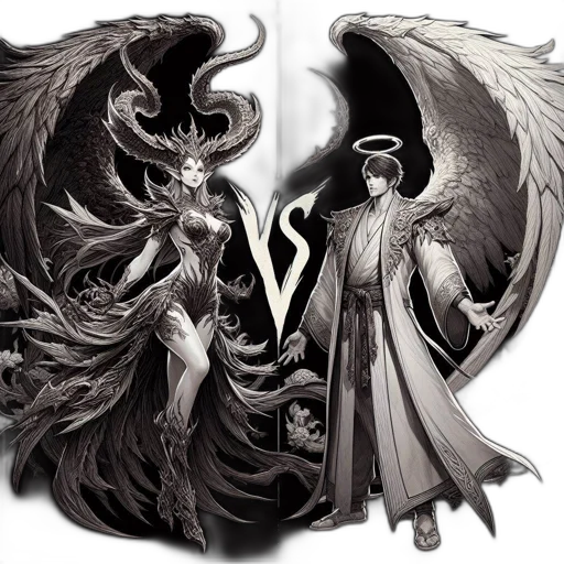 fantasy art, concept art, comic book art, pixel art, monochrome, two, mythical, characters transparent PNG cut-out