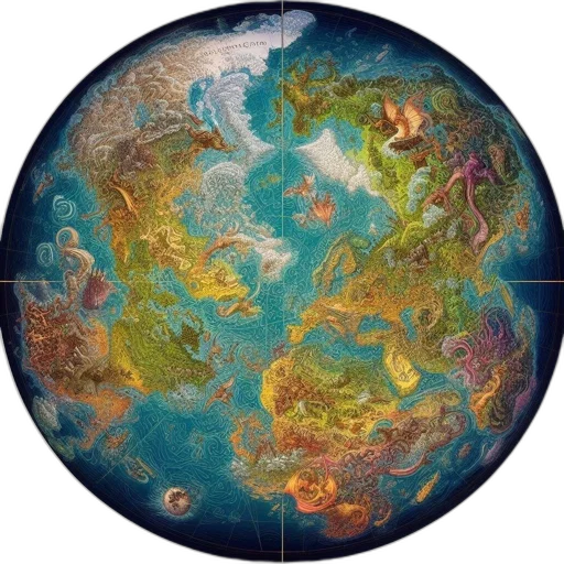 concept art, fantasy art, outer space, vivid, circular, world, map, features transparent PNG cut-out