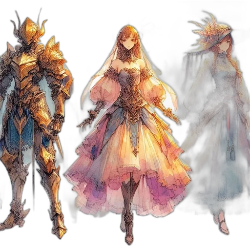 dress, concept art, fantasy art, watercolor, pixel art, golden, pastel, colorful transparent PNG cut-out